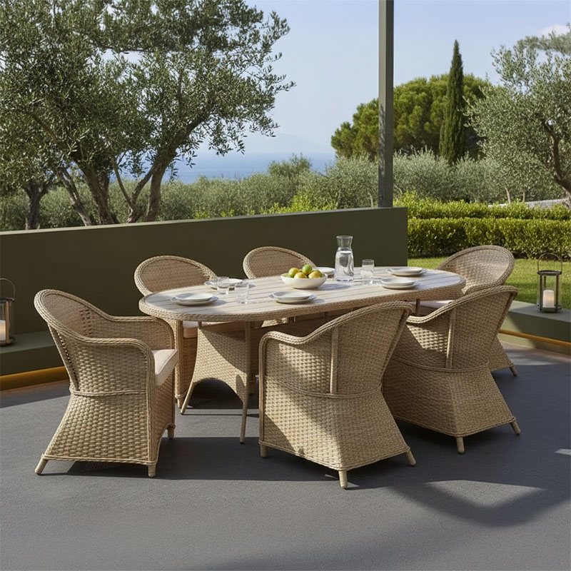 152-000063 Tραπεζαρία Hadrian-Keir pakoworld σετ 7τεμ καφέ rattan-μπεζ textilene-καφέ αλουμίνιο 180x90x72εκ - Image 1