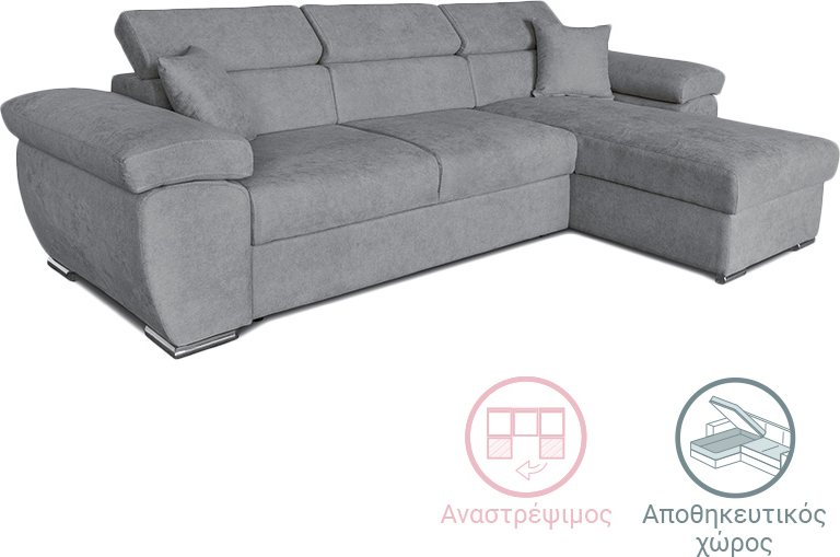 166-000008 Γωνιακός καναπές-κρεβάτι αναστρέψιμος Comy pakoworld γκρι 286x160x75-90εκ - Image 1