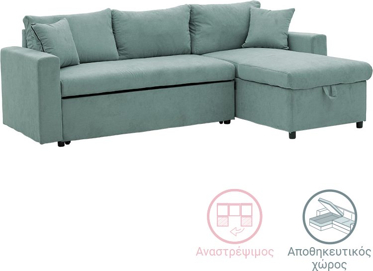 166-000017 Γωνιακός καναπές-κρεβάτι αναστρέψιμος Lilian pakoworld ύφασμα πράσινο μέντας 225x148x81εκ - Image 1