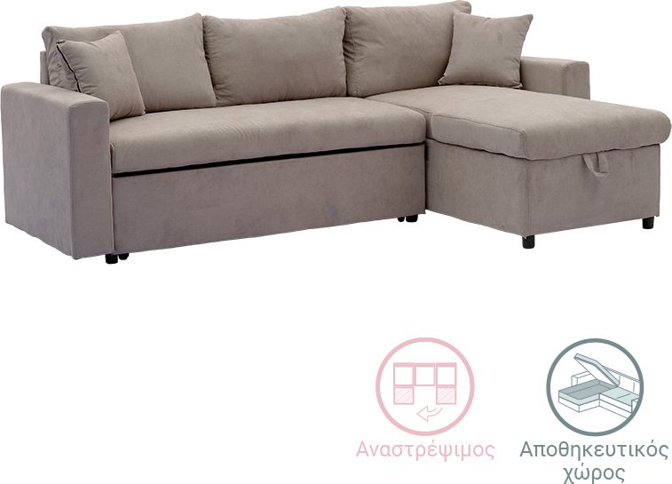 166-000018 Γωνιακός καναπές-κρεβάτι αναστρέψιμος Lilian pakoworld ύφασμα μπεζ 225x148x81εκ - Image 1