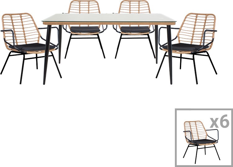 200-000754 Τραπεζαρία Naoki B pakoworld σετ 7 τμχ rattan φυσικό-μαύρο μέταλλο-γυαλί 160x90x78εκ - Image 1