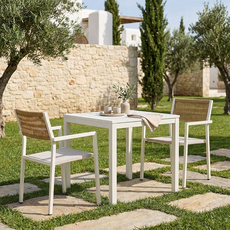 200-000788 Τραπεζαρία Savor-Kliton σετ 3τεμ pakoworld λευκό αλουμίνιο και rattan σε φυσικό χρώμα 80x80x74εκ - Image 1