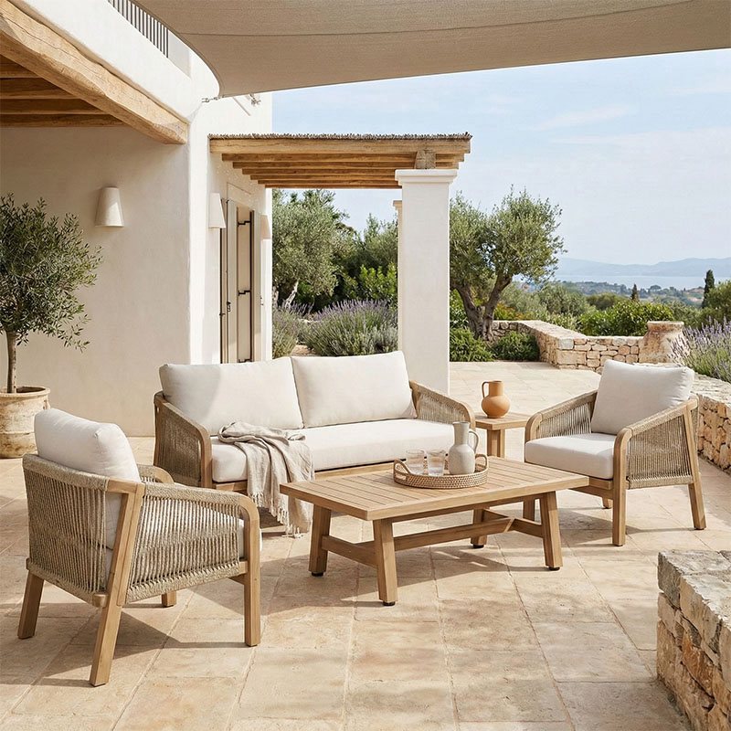 228-000045 Σετ σαλονιού 4τμχ Malibu I pakoworld μασίφ ξύλο ακακίας-μπεζ ύφασμα - Image 1