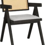 Πολυθρόνα Winslow pakoworld ξύλο rubberwood μαύρο-pvc rattan φυσικό-ύφασμα γκρι