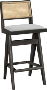 Σκαμπό bar Winslow pakoworld ξύλο rubberwood μαύρο-pvc rattan φυσικό-ύφασμα γκρι 44.5x46x98εκ
