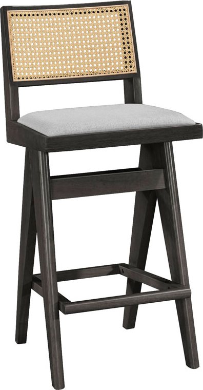 247-000008 Σκαμπό bar Winslow pakoworld ξύλο rubberwood μαύρο-pvc rattan φυσικό-ύφασμα γκρι 44.5x46x98εκ - Image 1