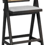 Σκαμπό bar Winslow pakoworld ξύλο rubberwood μαύρο-pvc rattan φυσικό-ύφασμα γκρι