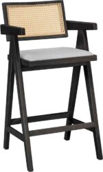 Σκαμπό bar Winslow pakoworld ξύλο rubberwood μαύρο-pvc rattan φυσικό-ύφασμα γκρι