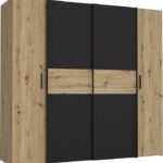 Ντουλάπα ρούχων Bekerk pakoworld τετράφυλλη μαύρο-oak μελαμίνης 200x61.5x190.5εκ