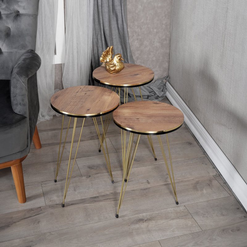 321-000068 Βοηθητικά τραπέζια Wakmi pakoworld σετ 3τεμ oak μελαμίνης-χρυσό μέταλλο - Image 1
