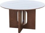 Τραπέζι Merge pakoworld sintered stone-mdf σε λευκό μαρμάρου με καρυδί βάση Φ130x75εκ