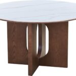 Τραπέζι Merge pakoworld sintered stone-mdf σε λευκό μαρμάρου με καρυδί βάση Φ130x75εκ