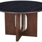Τραπέζι Merge pakoworld sintered stone-mdf σε μαύρο μαρμάρου με καρυδί βάση Φ130x75εκ