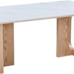 Τραπέζι Benqui pakoworld sintered stone-mdf σε λευκό μαρμάρου με βάση σε φυσική απόχρωση 160x90x75εκ