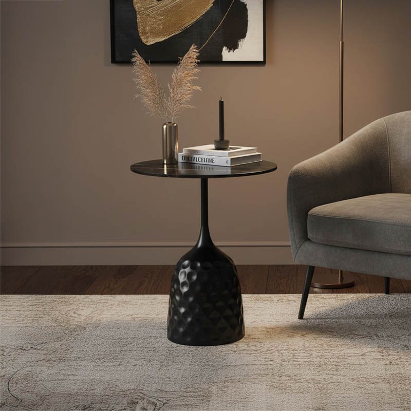 101-000099 Βοηθητικό τραπέζι Kousien Inart μαύρο sintered stone Φ50x60εκ - Image 1