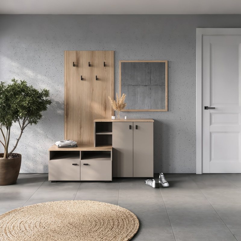 192-000049 Έπιπλο εισόδου Ebro pakoworld σε oak-cappuccino απόχρωση 150.3x41.2x204.7εκ - Image 1