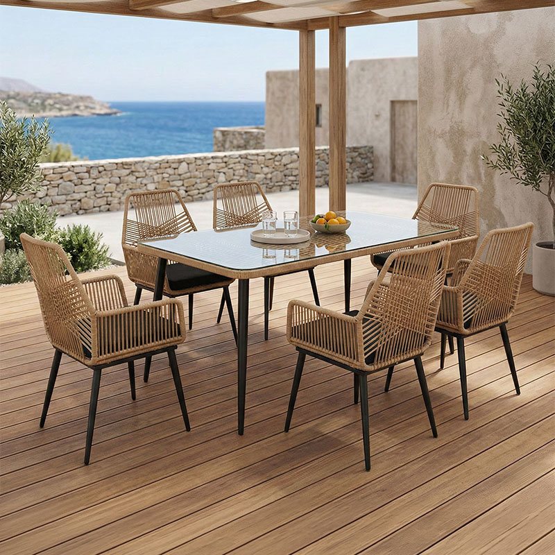 200-000756 Τραπεζαρία Naoki-Tanish pakoworld σετ 7 τμχ rattan φυσικό-μαύρο μέταλλο-γυαλί 160x90x78εκ - Image 1