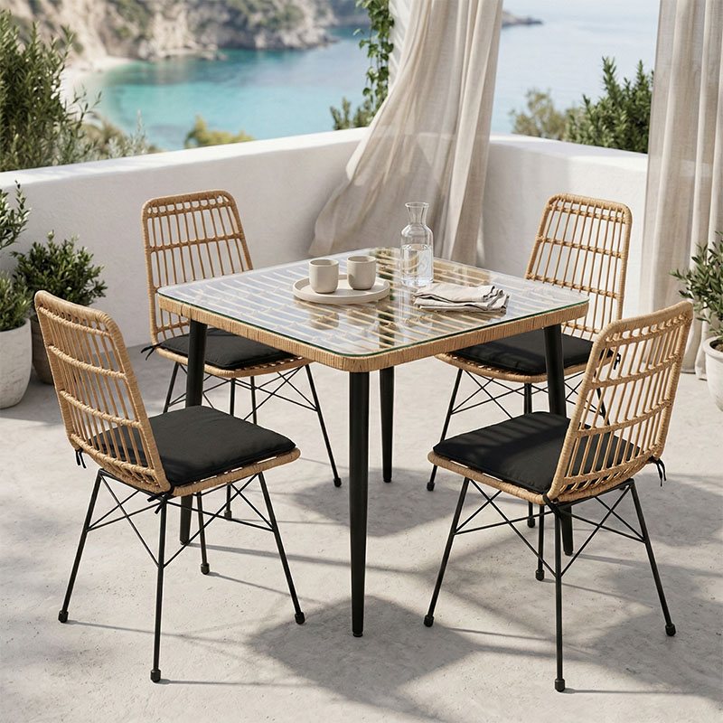 200-000963 Τραπεζαρία Naoki U σετ 5τεμ pakoworld rattan pe σε φυσική απόχρωση και μαύρο μέταλλο 80x80x78εκ - Image 1