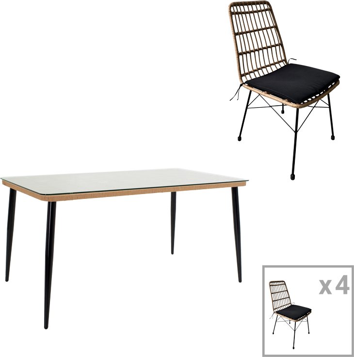 200-000964 Τραπεζαρία Naoki U σετ 5τεμ pakoworld rattan pe σε φυσική απόχρωση και μαύρο μέταλλο 160x90x78εκ - Image 1