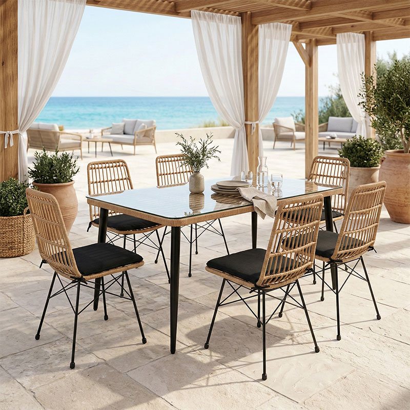 200-000965 Τραπεζαρία Naoki U σετ 7τεμ pakoworld rattan pe σε φυσική απόχρωση και μαύρο μέταλλο 160x90x78εκ - Image 1