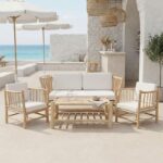 Σαλόνι Mayorka pakoworld σετ 4 τεμαχίων φυσικό teak ξύλο-λευκό μαξιλάρι