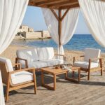 Σαλόνι Doumain pakoworld σετ 4 τεμαχίων φυσικό teak ξύλο-λευκό μαξιλάρι-φυσικό ραττάν