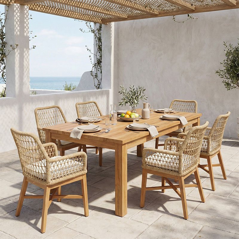 343-000045 Τραπεζαρία 7τεμ Elaiza-Wooly pakoworld teak ξύλο σε φυσική-μπεζ απόχρωση 220x90x75εκ - Image 1