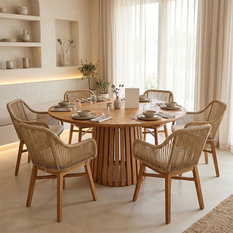 343-000065 Τραπεζαρία Kalie-Kenda I pakoworld σετ 7τεμ σε φυσική-μπεζ απόχρωση Φ120x75εκ - Image 1