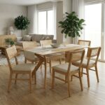 Τραπεζαρία Raffles pakoworld σετ 7τεμ rubberwood με pe rattanσε φυσική απόχρωση 150x90x76εκ