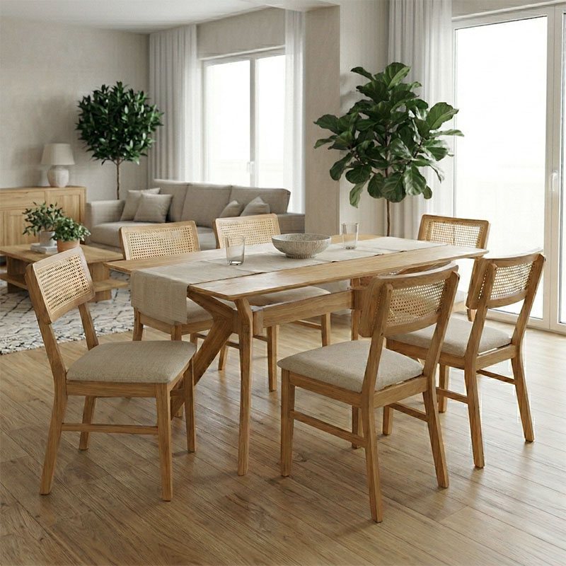 381-000016 Τραπεζαρία Raffles pakoworld σετ 7τεμ rubberwood με pe rattanσε φυσική απόχρωση 150x90x76εκ - Image 1