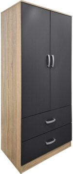 Ντουλάπα δίφυλλη με 2 συρτάρια Alvia pakoworld sonoma-ανθρακί 80x51.5x180εκ