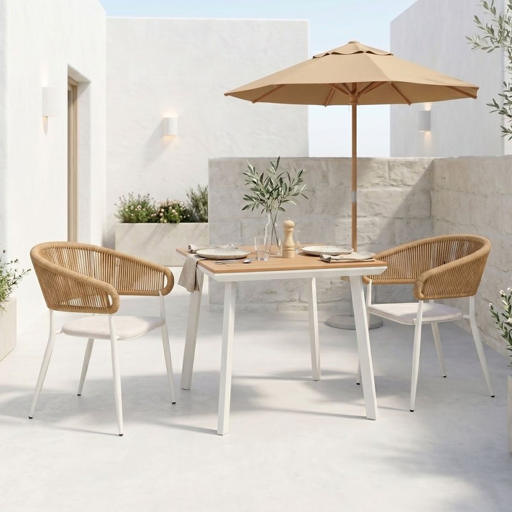 200-000942 Τραπεζαρία Synergy-Raven σετ 3τεμ pakoworld λευκό αλουμίνιο και plywood σε φυσικό χρώμα 80x80x74εκ - Image 1