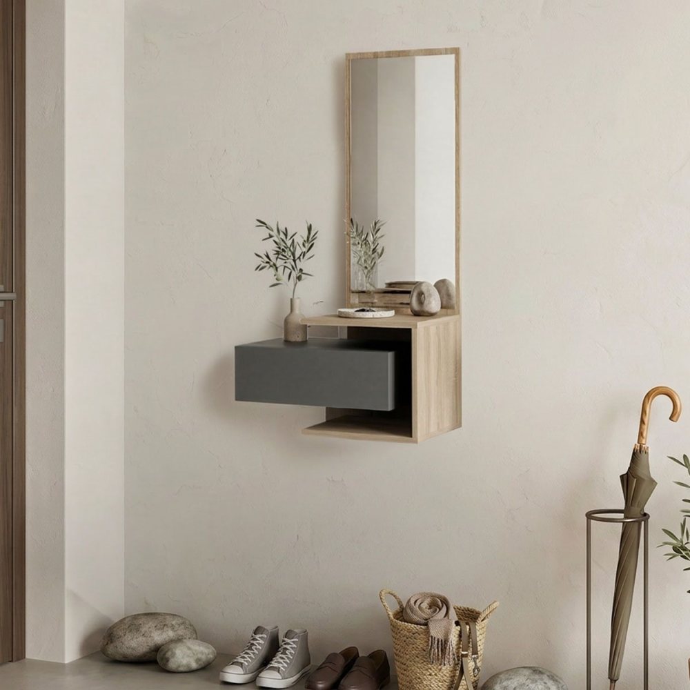 230-000055 Έπιπλο εισόδου Kendi pakoworld επιτοίχιο με καθρέπτη σε sonoma- ανθρακί 49.1x31.3x90εκ - Image 1