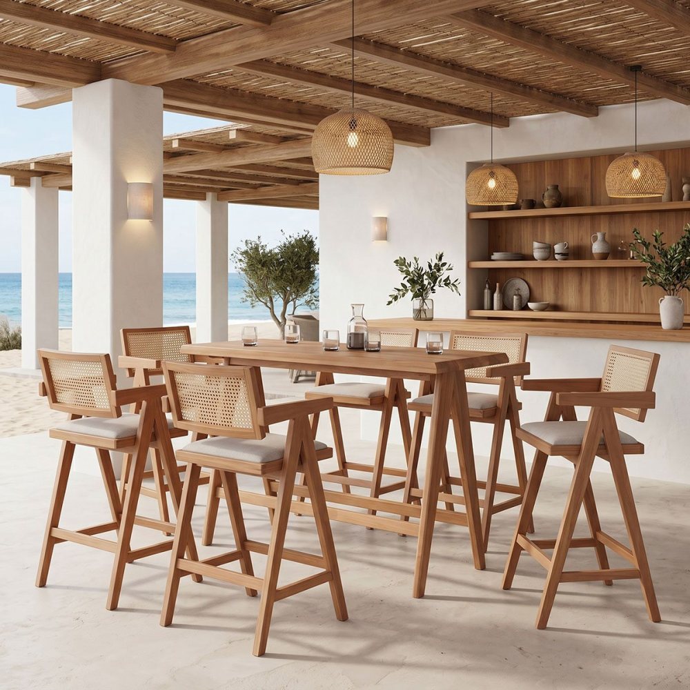 247-000018 Τραπεζαρία μπαρ Winslow I pakoworld σετ 7τεμ ξύλο rubberwood ανοιχτό καρυδί 120x45x100εκ - Image 1