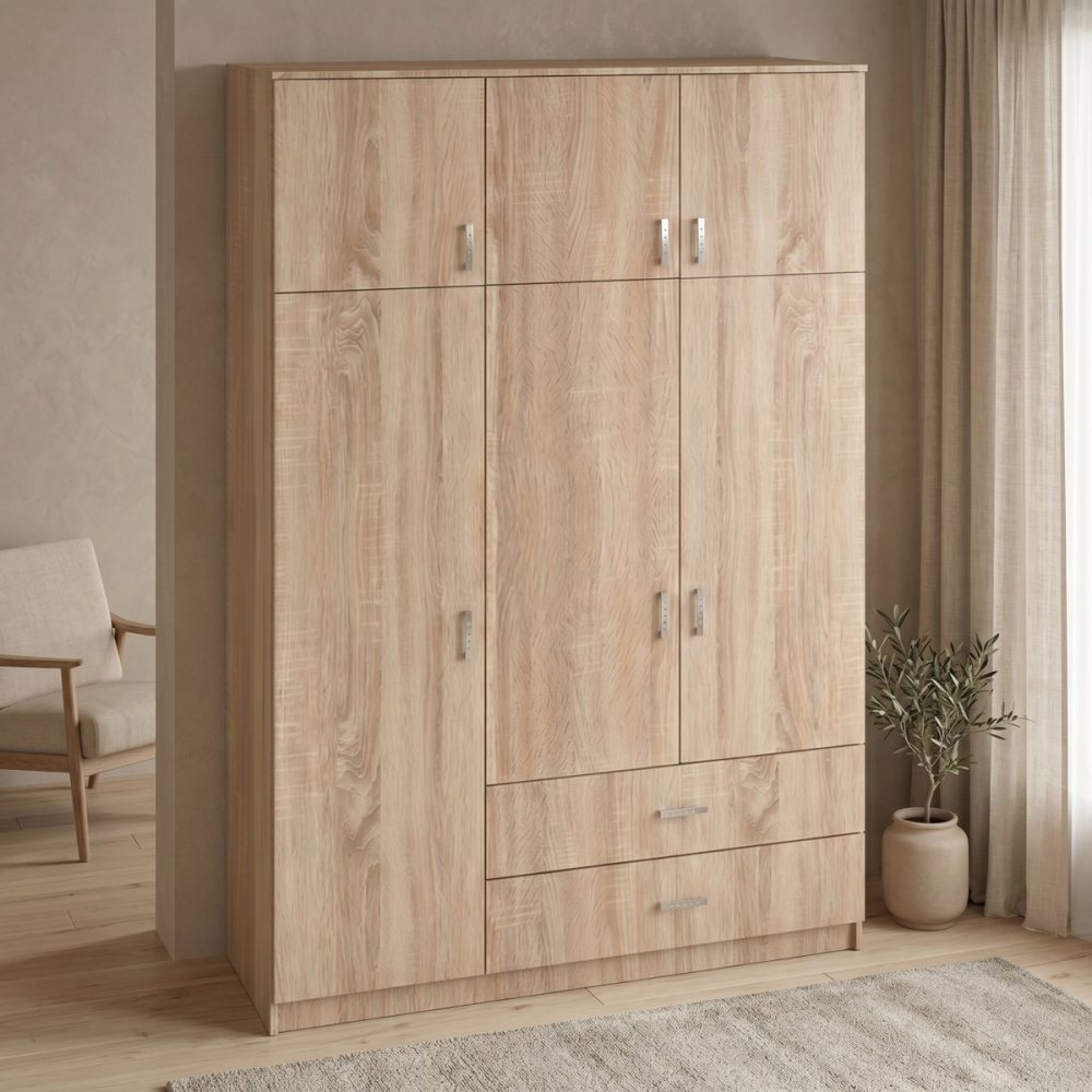 361-000065 Ντουλάπα τρίφυλλη με συρτάρια Royal pakoworld σε sonoma απόχρωση 150x58x230εκ - Image 1