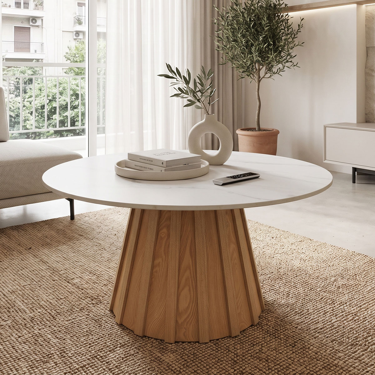 029-000443 Τραπέζι σαλονιού Franzel pakoworld sintered stone σε όψη μαρμάρου-mdf σε φυσική απόχρωση Φ80x40εκ - Image 1