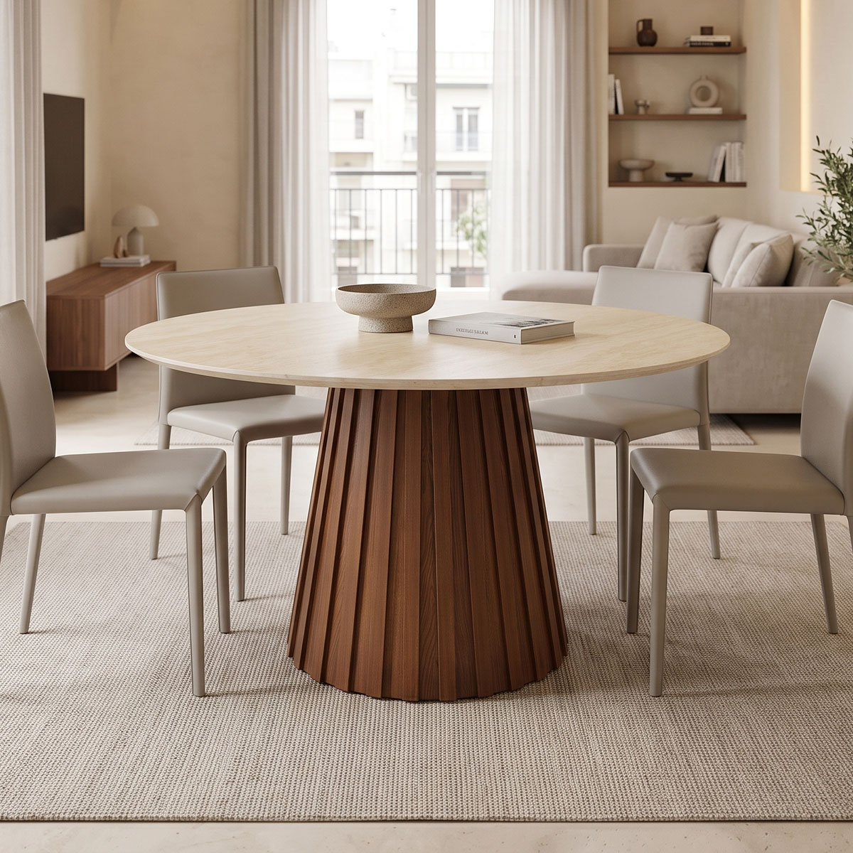 029-000444 Τραπέζι Franzel pakoworld sintered stone σε όψη τραβερτίνας-mdf καρυδί Φ120x75εκ - Image 1