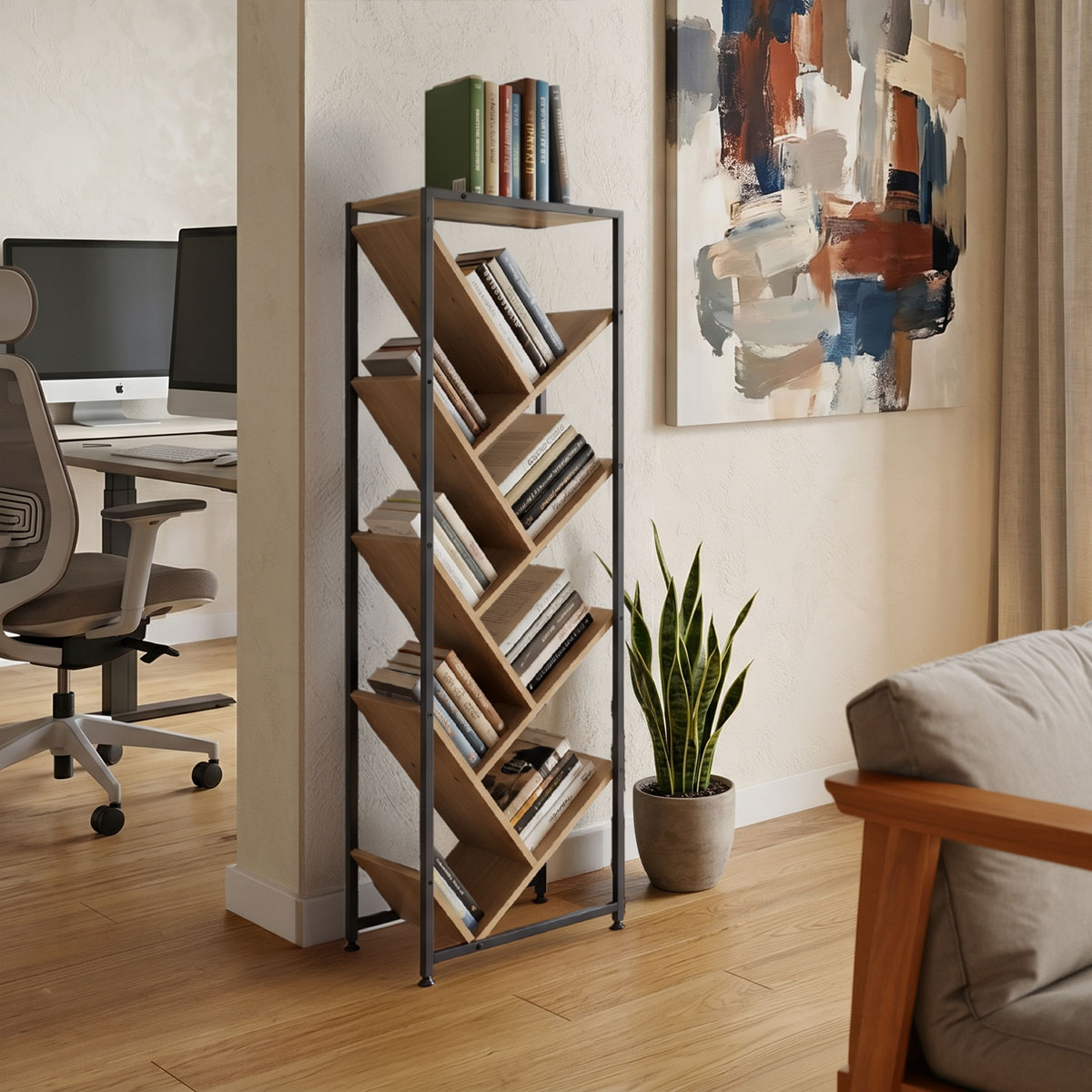 085-000034 Βιβλιοθήκη Orunta pakoworld oak- μαύρο μέταλλο 40x26.5x125εκ - Image 1
