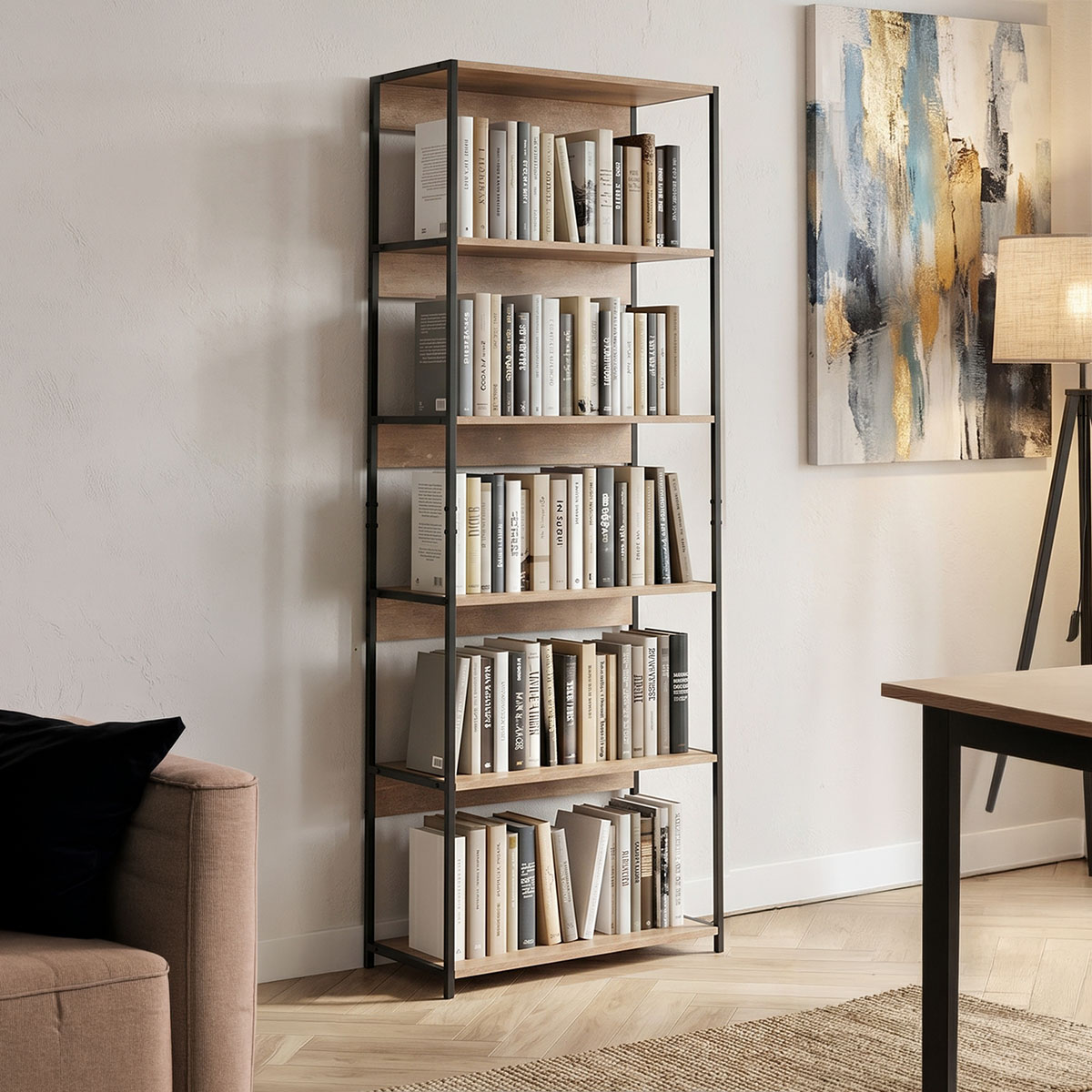 085-000040 Βιβλιοθήκη Kaliano pakoworld oak-μαύρο μέταλλο 59.5x35x176.5εκ - Image 1