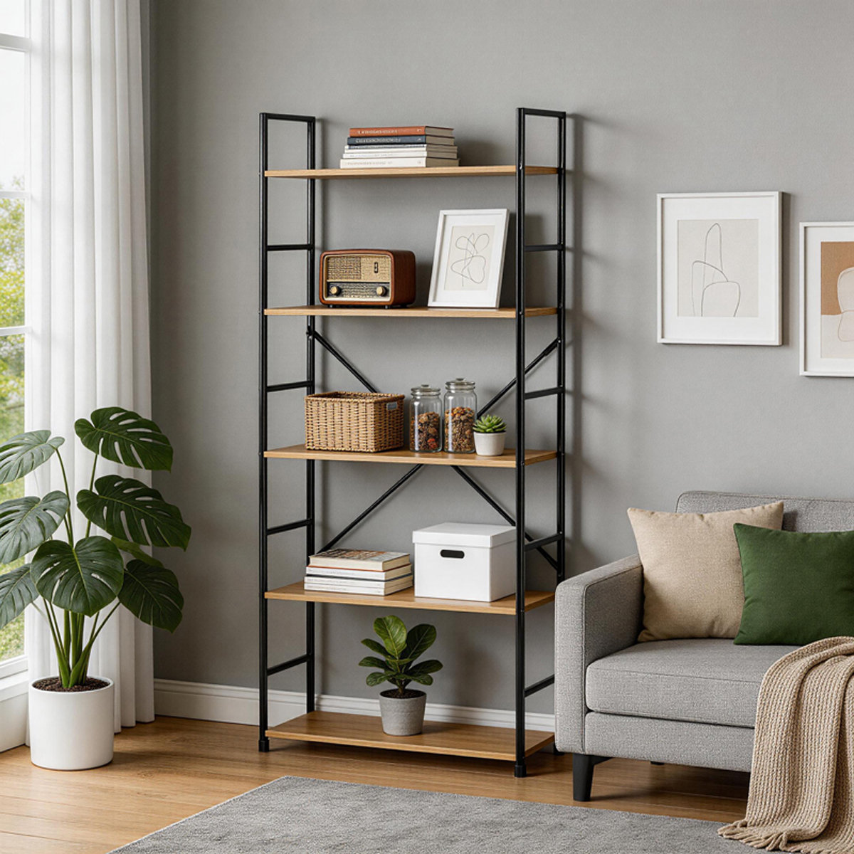 085-000041 Βιβλιοθήκη Manlo pakoworld oak με μαύρο μέταλλο 58.6x23.5x144εκ - Image 1