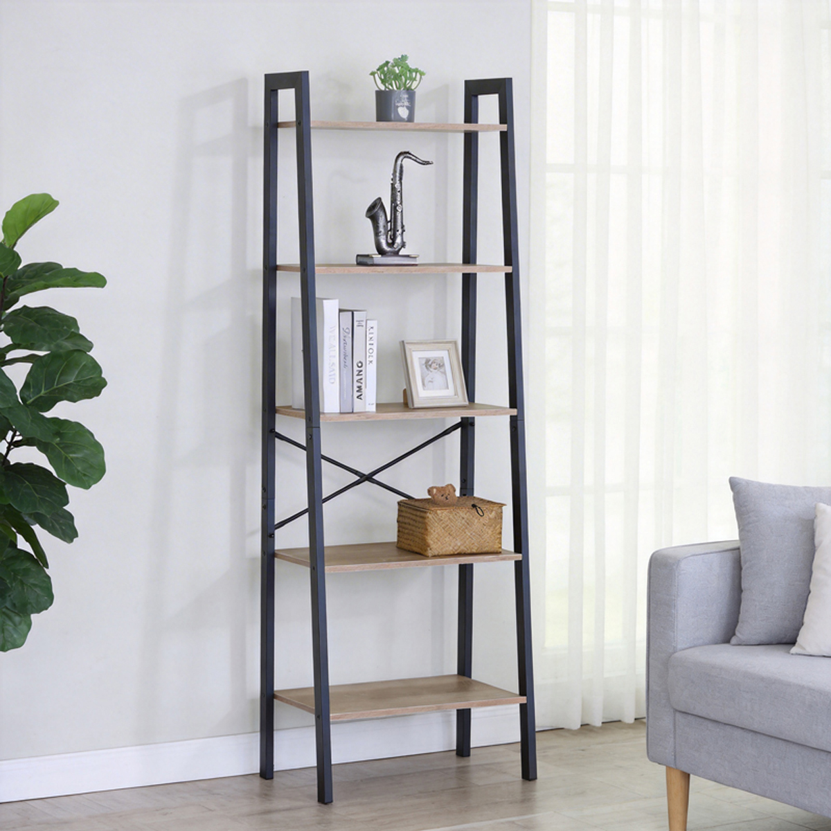 085-000047 Βιβλιοθήκη Jebia pakoworld oak με μαύρο μέταλλο 56x37x172.2εκ - Image 1