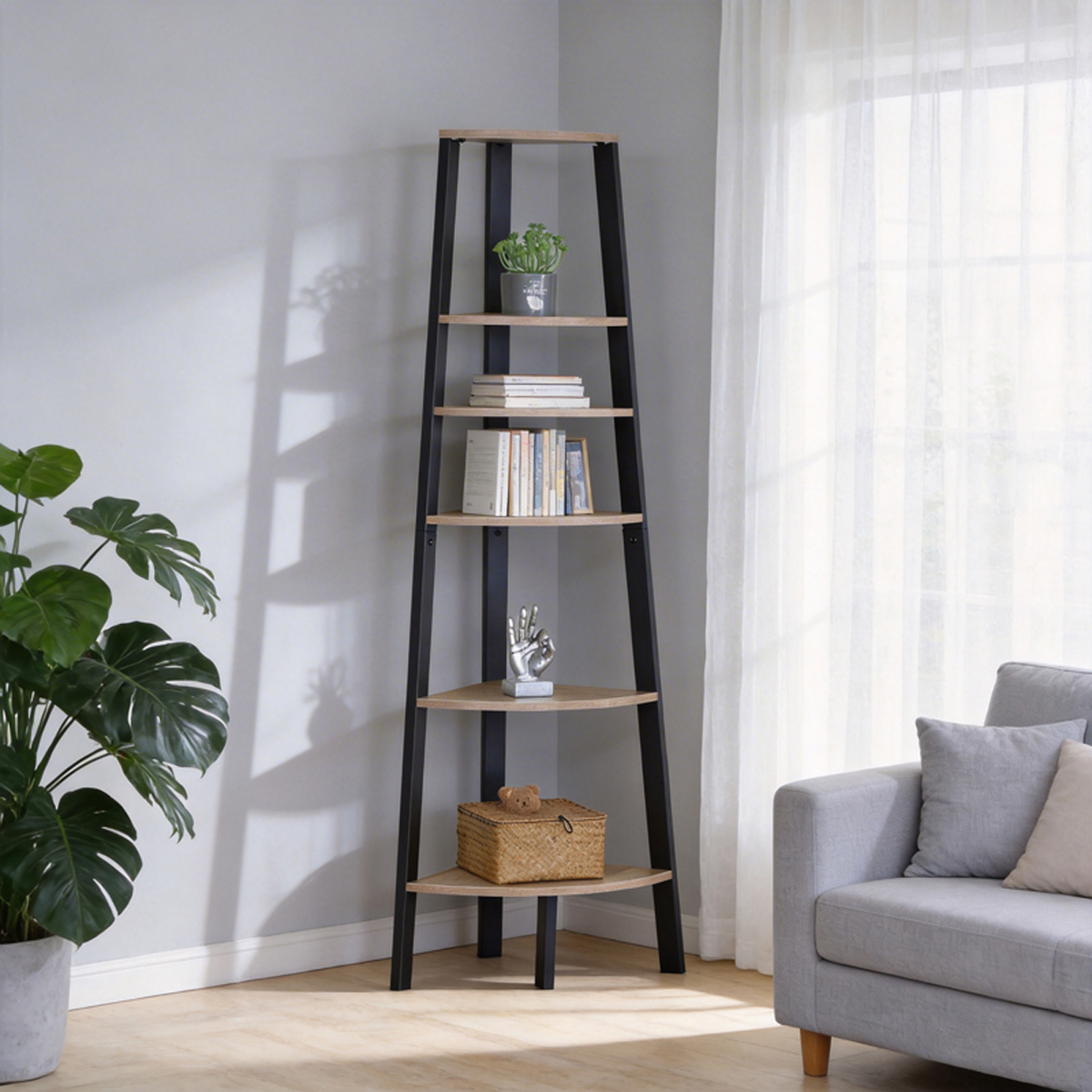 085-000048 Γωνιακή βιβλιοθήκη Arvia pakoworld oak με μαύρο μέταλλο 53.4x37.8x160.3εκ - Image 1