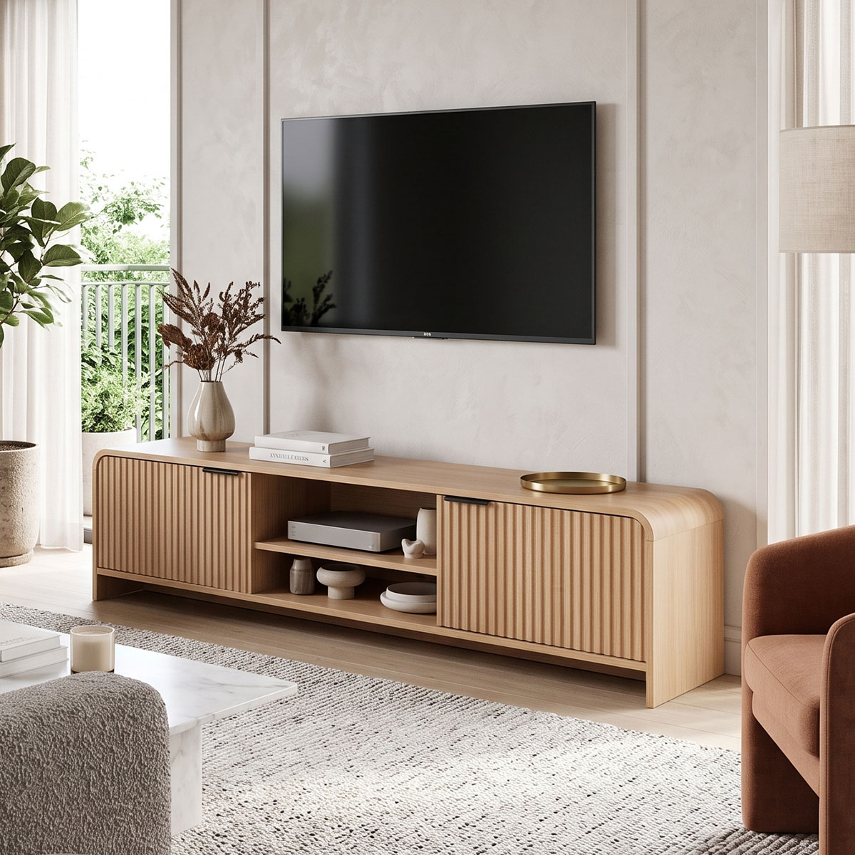 086-000034 Έπιπλο τηλεόρασης Anfen pakoworld mdf σε φυσική απόχρωση 160x39x40,5εκ - Image 1