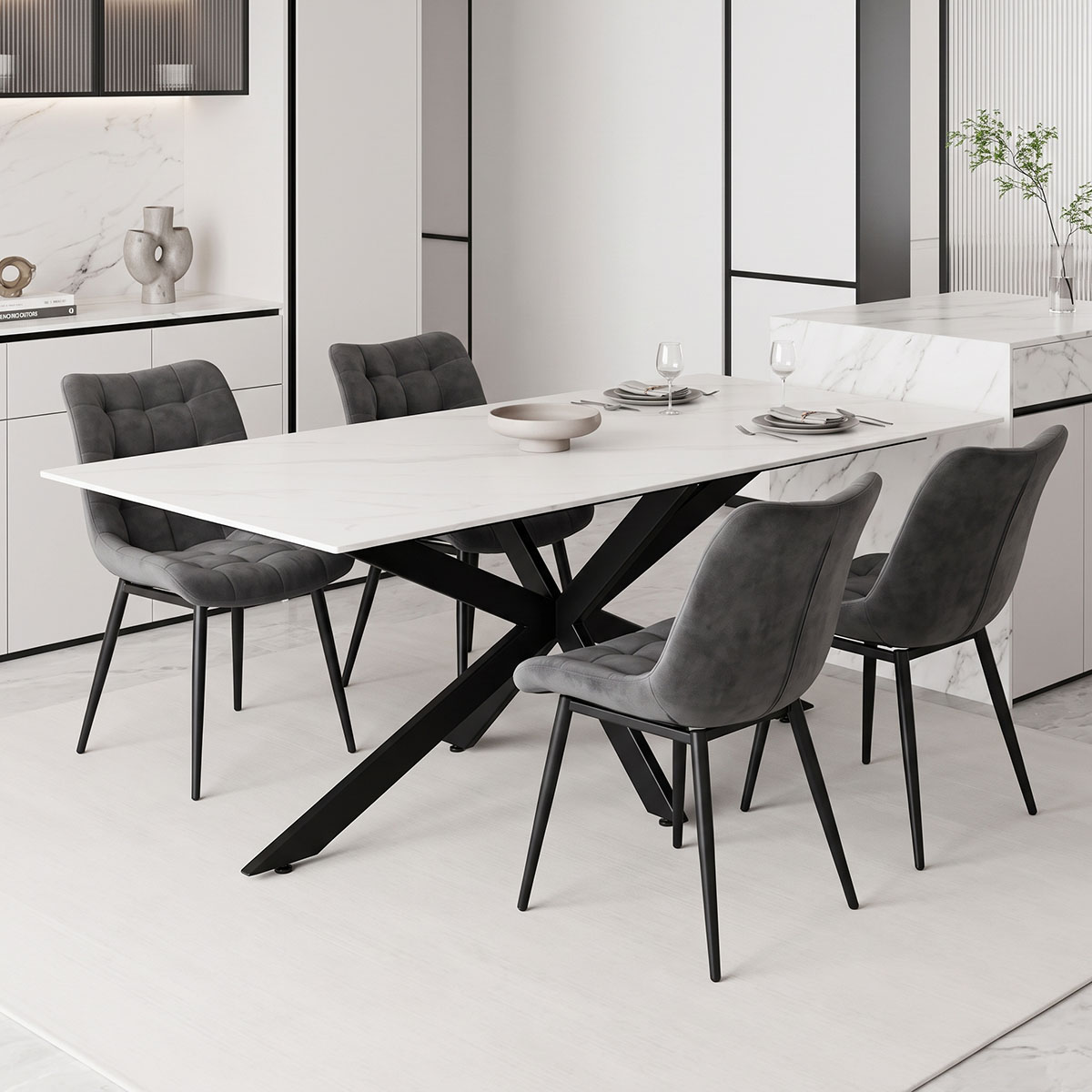 101-000128 Τραπέζι Bethan pakoworld sintered stone λευκό-μαύρα μεταλλικά πόδια 180x90x75εκ - Image 1