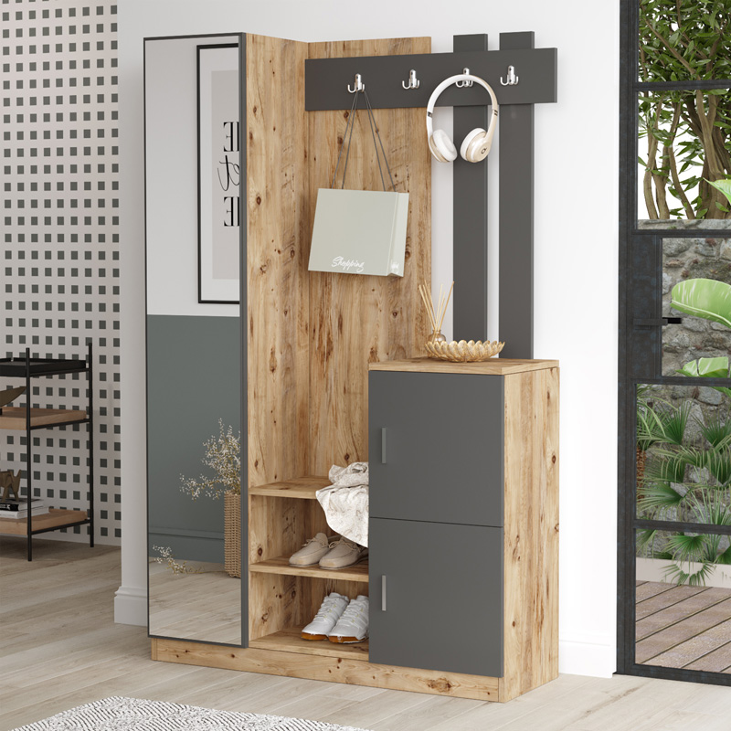 176-000220 Έπιπλο εισόδου Saron με καθρέπτη pakoworld σε oak-ανθρακί απόχρωση 113,6x37,5x180εκ - Image 1