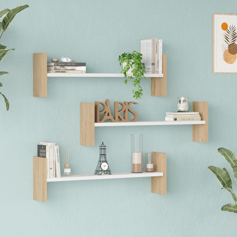 176-000235 Ραφιέρα τοίχου Mento pakoworld λευκό με oak 75,6x14,5x23,6εκ - Image 1