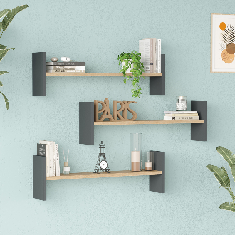 176-000236 Ραφιέρα τοίχου Mento pakoworld oak με ανθρακί 75,6x14,5x23,6εκ - Image 1