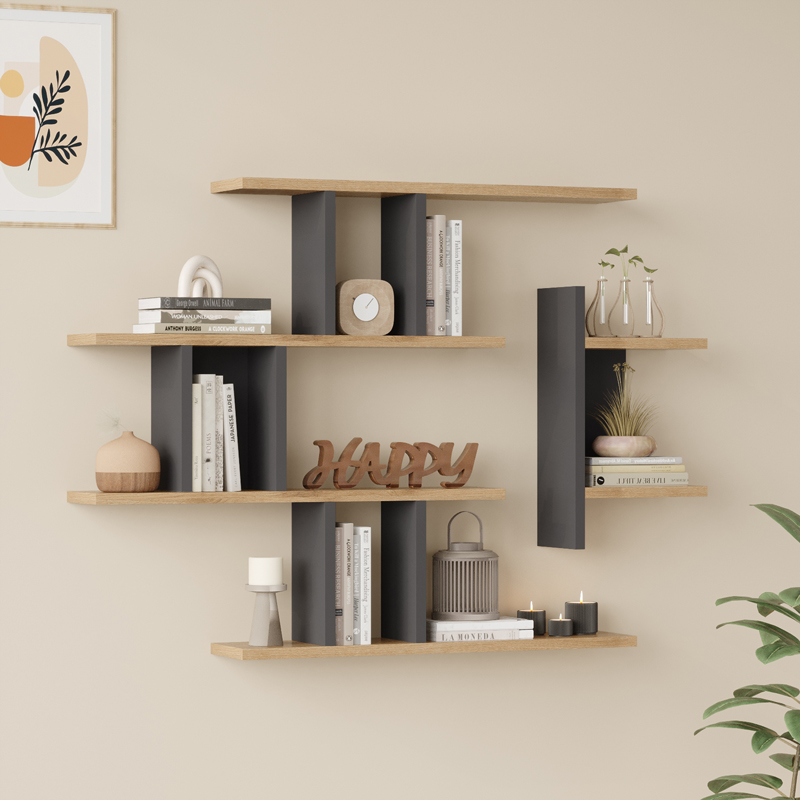 176-000238 Ραφιέρα τοίχου Ledia pakoworld oak με ανθρακί 110,6x14,5x78εκ - Image 1