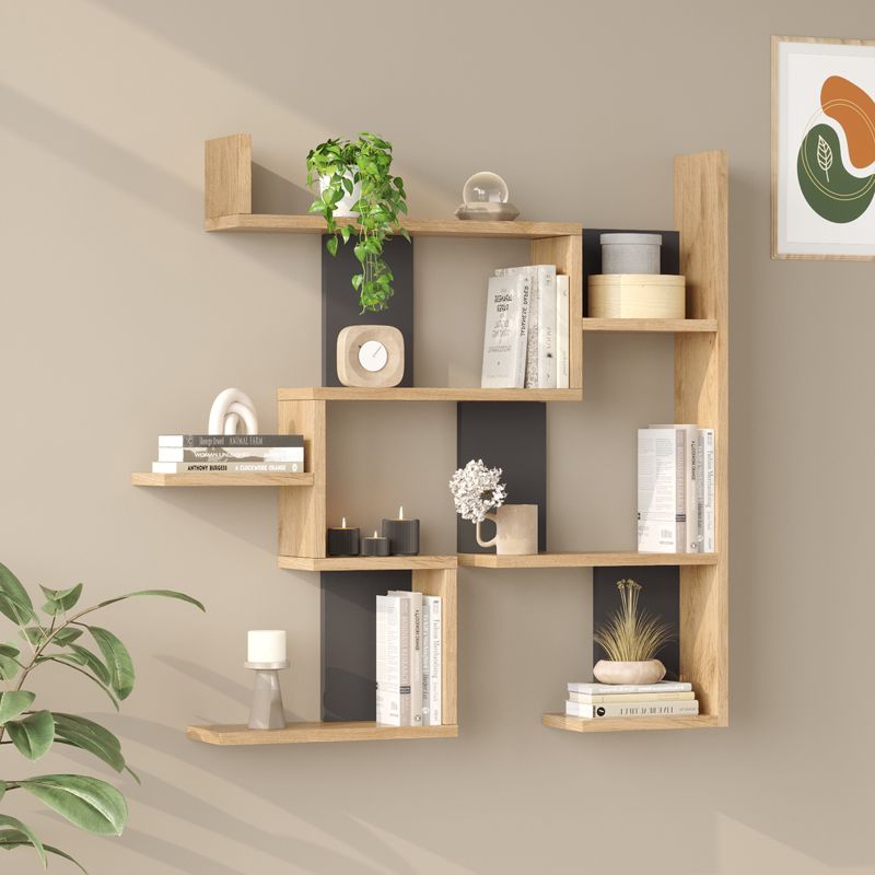 176-000240 Ραφιέρα τοίχου Maze pakoworld oak με ανθρακί 93,3x14,5x90εκ - Image 1
