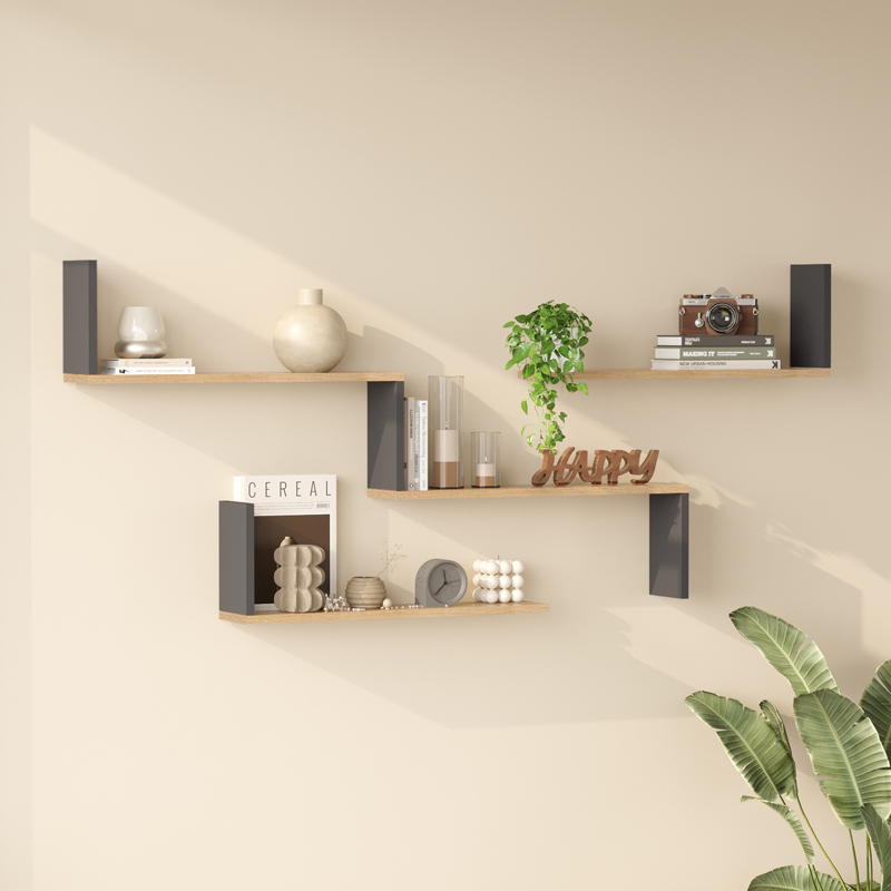 176-000244 Ραφιέρα τοίχου Flear pakoworld oak με ανθρακί 179x14,5x76,2εκ - Image 1